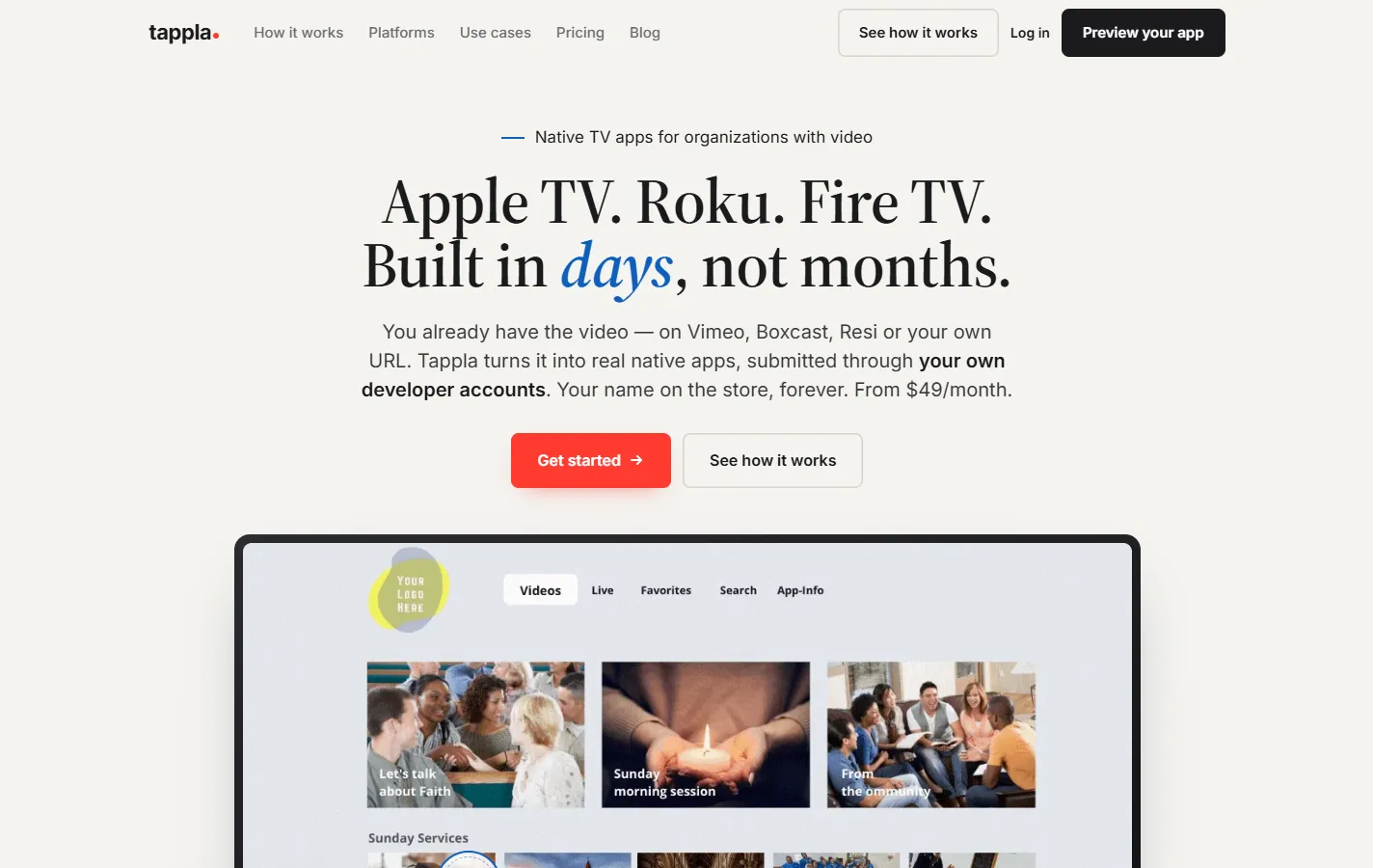 Bildschirmfoto von tappla.com mit dem Hero vom Juli 2026: „Apple TV. Roku. Fire TV. Built in days, not months.“