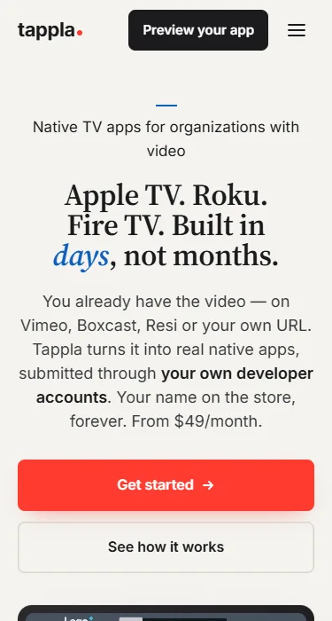 Bildschirmfoto von tappla.com mit dem Hero vom Juli 2026: „Apple TV. Roku. Fire TV. Built in days, not months.“