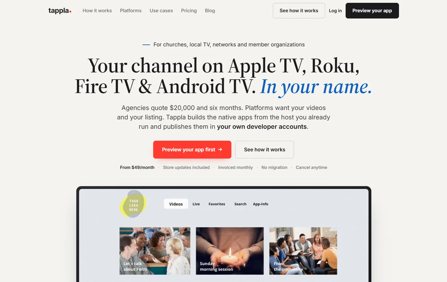 Bildschirmfoto von tappla.com mit dem neuen Hero: „Your channel on Apple TV, Roku, Fire TV & Android TV. In your name.“