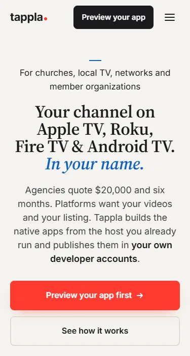Bildschirmfoto von tappla.com mit dem neuen Hero: „Your channel on Apple TV, Roku, Fire TV & Android TV. In your name.“